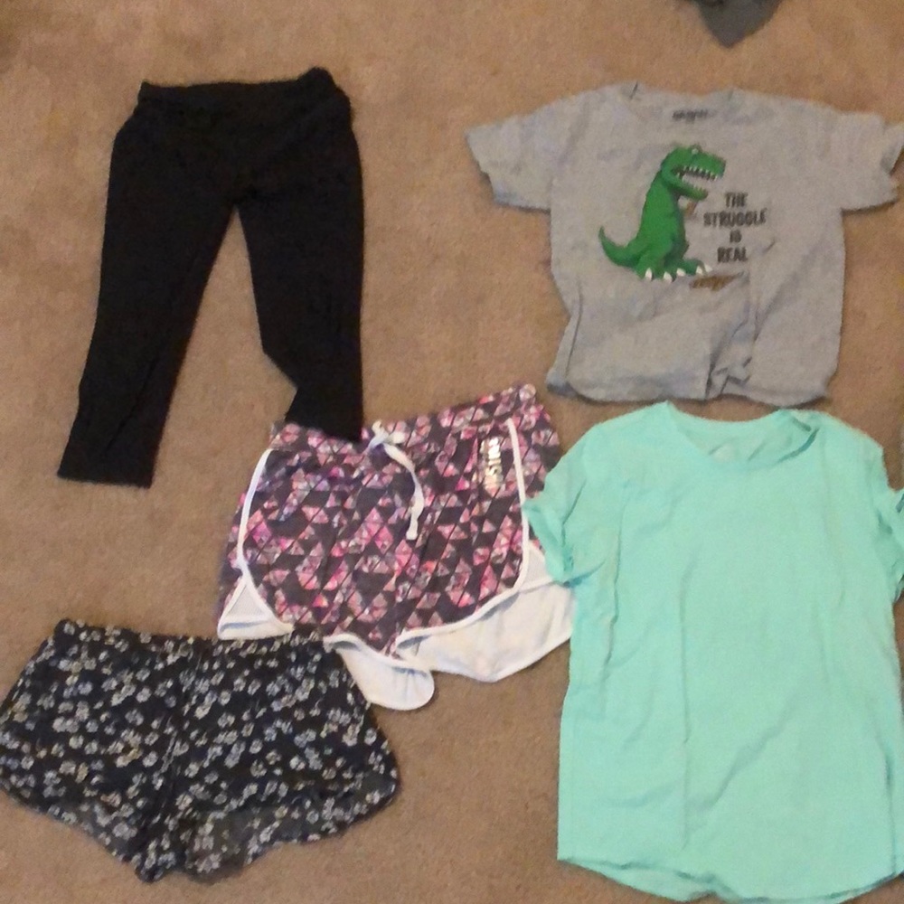 Two kids t shirts, two kids shorts and yoga pants